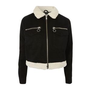 [SOLD] TOPSHOP black denim moto jacket with faux fur collar